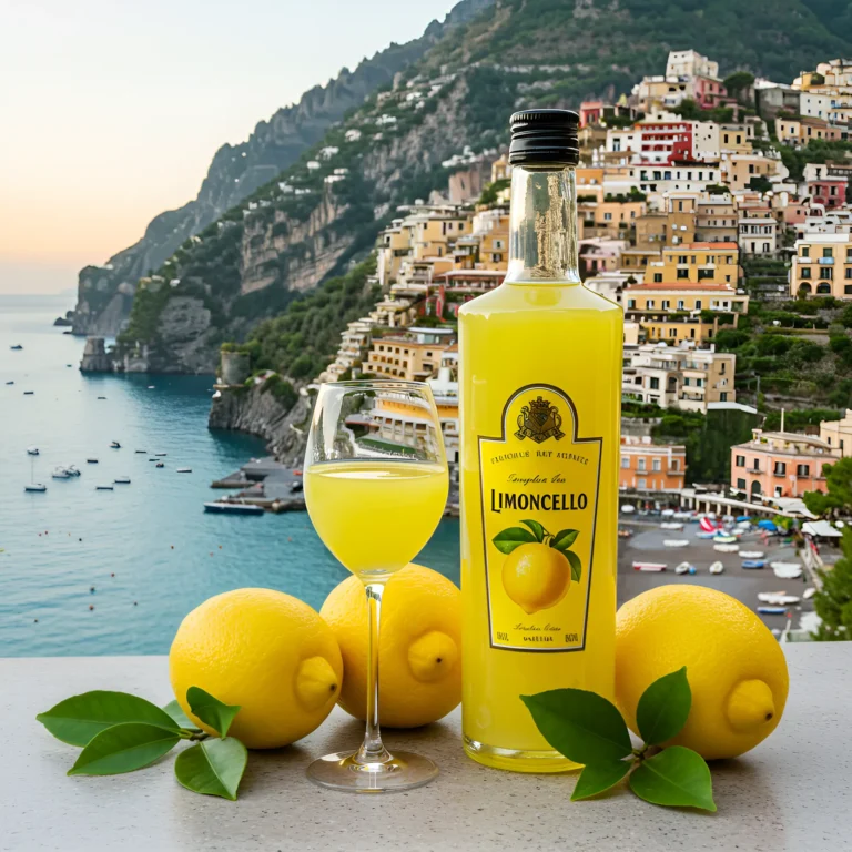 A bottle of Limoncello, the famous Italian lemon liqueur, accompanied by a glass, with fresh lemons and a scenic Amalfi Coast backdrop.