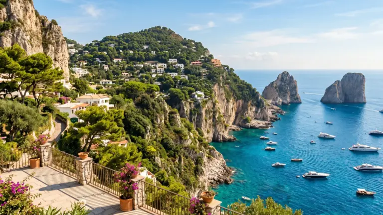 View of Capri’s cliffs and Faraglioni rocks with boats on the turquoise sea.
