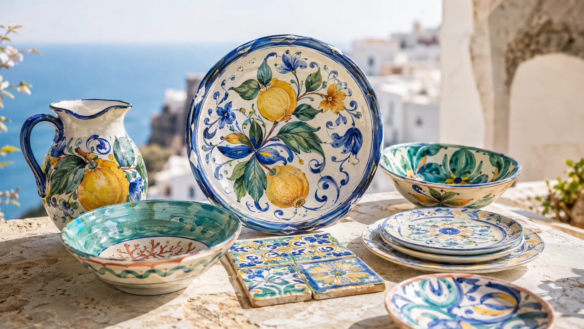 Colorful ceramic plates, bowls, and a jug decorated with lemons and floral patterns, displayed outdoors overlooking the Amalfi Coast
